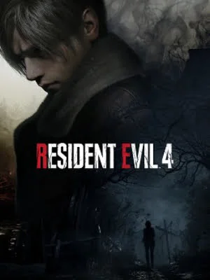 Das Cover von Resident Evil 4 Remake zeigt Leon S. Kennedy, den Schriftzug und eine dunkle Gestalt.