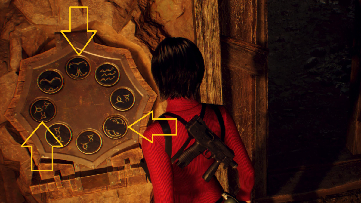 Ada Wong steht in Resident Evil 4: Separate Ways vor einem Druckplattenrätsel mit verschiedenen Symbolen.