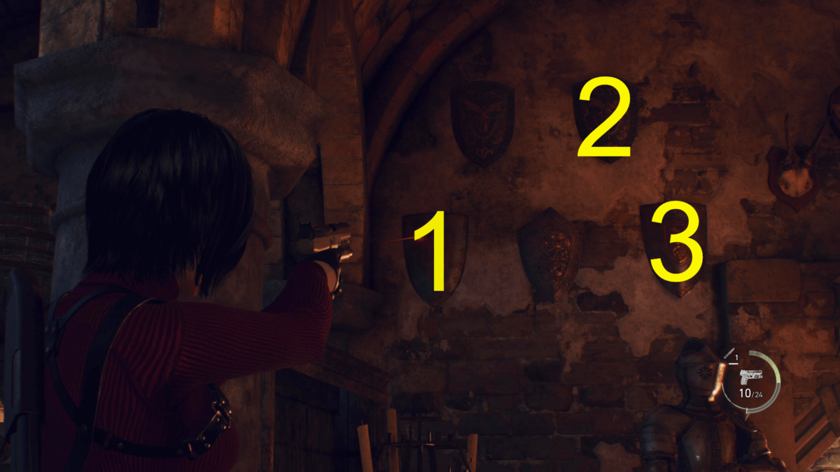 Ada Wong zielt in Resident Evil 4: Separate Ways mit der Pistole auf Schilde, die an einer Wand hängen.