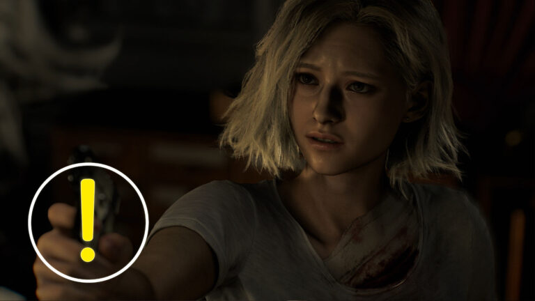 Eine blonde Frau schaut verzweifelt mit einer Waffe in der Hand nach vorne.