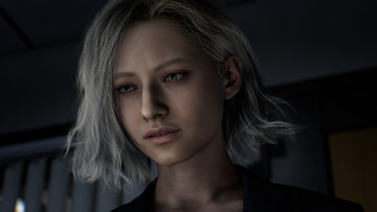 Eine junge Frau in Resident Evil Requiem mit schulterlangen blonden Haaren und traurigem Blick.