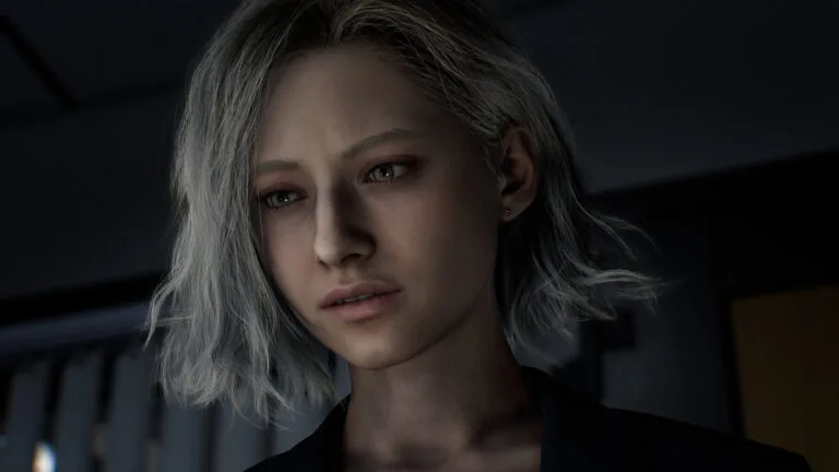 Eine junge Frau in Resident Evil Requiem mit schulterlangen blonden Haaren und traurigem Blick.
