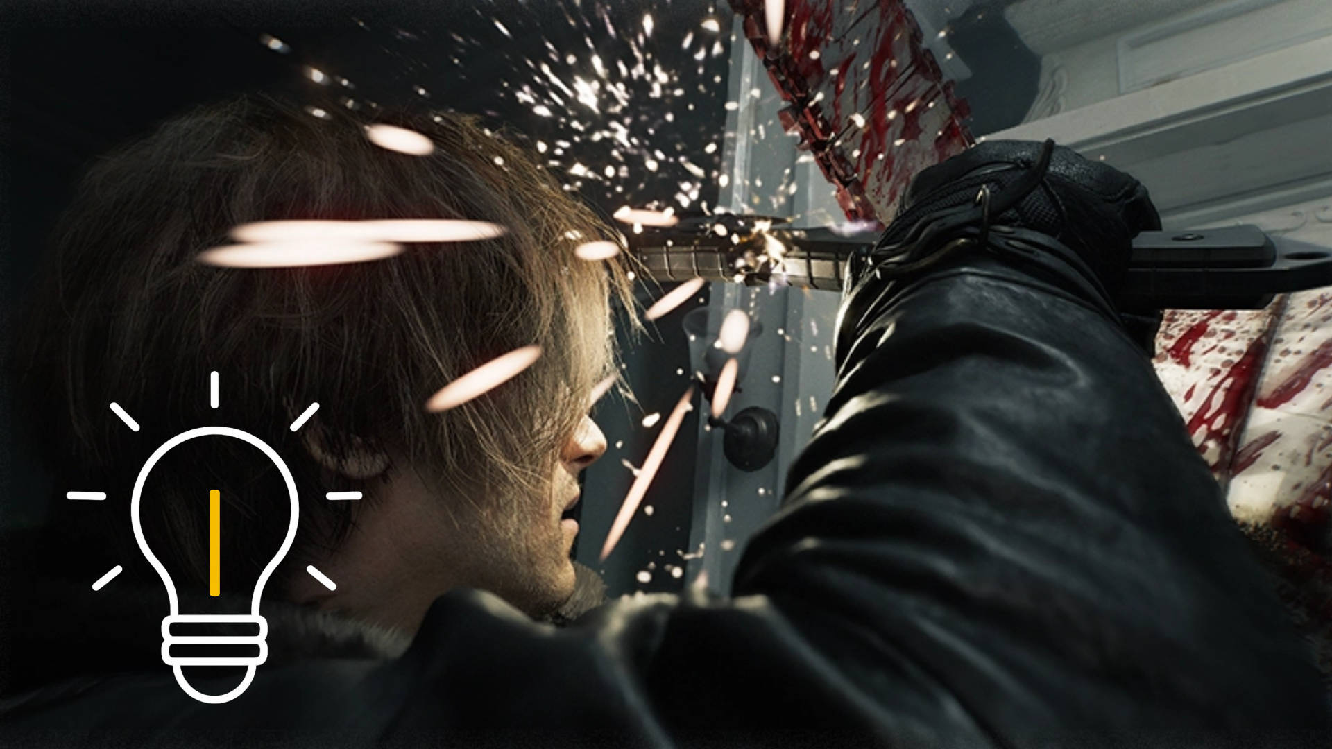 Leon aus Resident Evil Requiem, wie er sich gegen eine Säge wehrt.