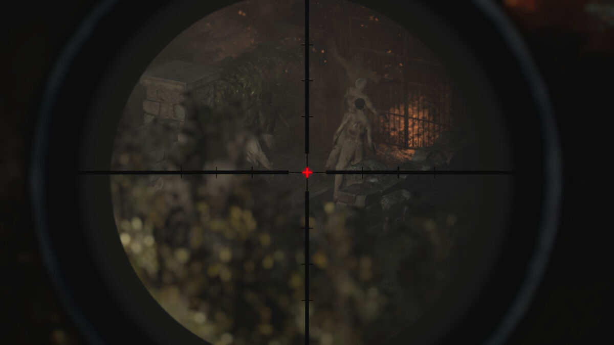 Jemand schaut durch ein Zielfernrohr einer Waffe auf Zombies.