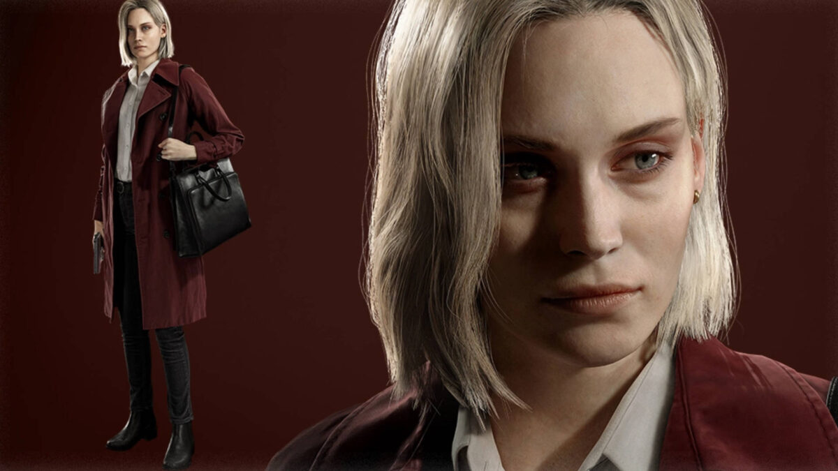 Eine Frau mittleren Alters in Rot.