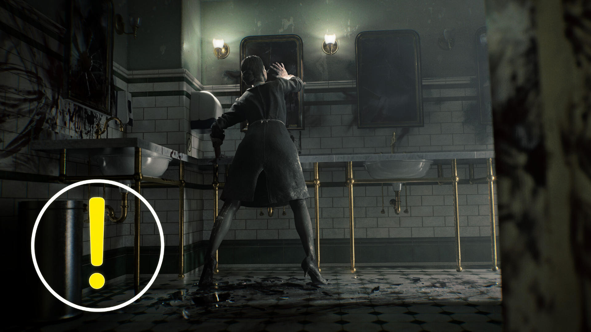 A woman is standing in a bathroom and holding her hand up to the mirror.