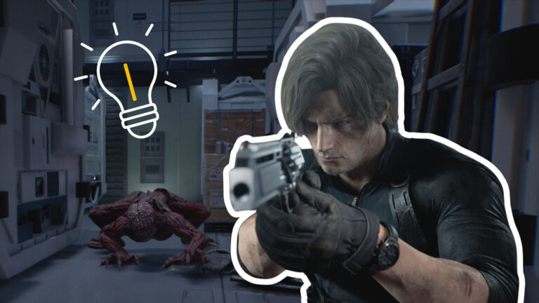 Leon in Resident Evil Requiem, wie er eine Waffe hält. Daneben ein Licker.