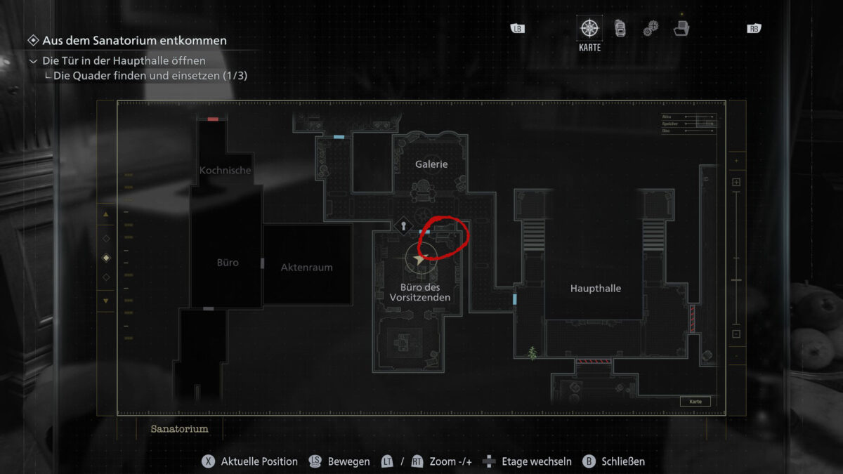 Eine Karte von Resident Evil Requiem, die das Büro des Vorsitzenden zeigt.
