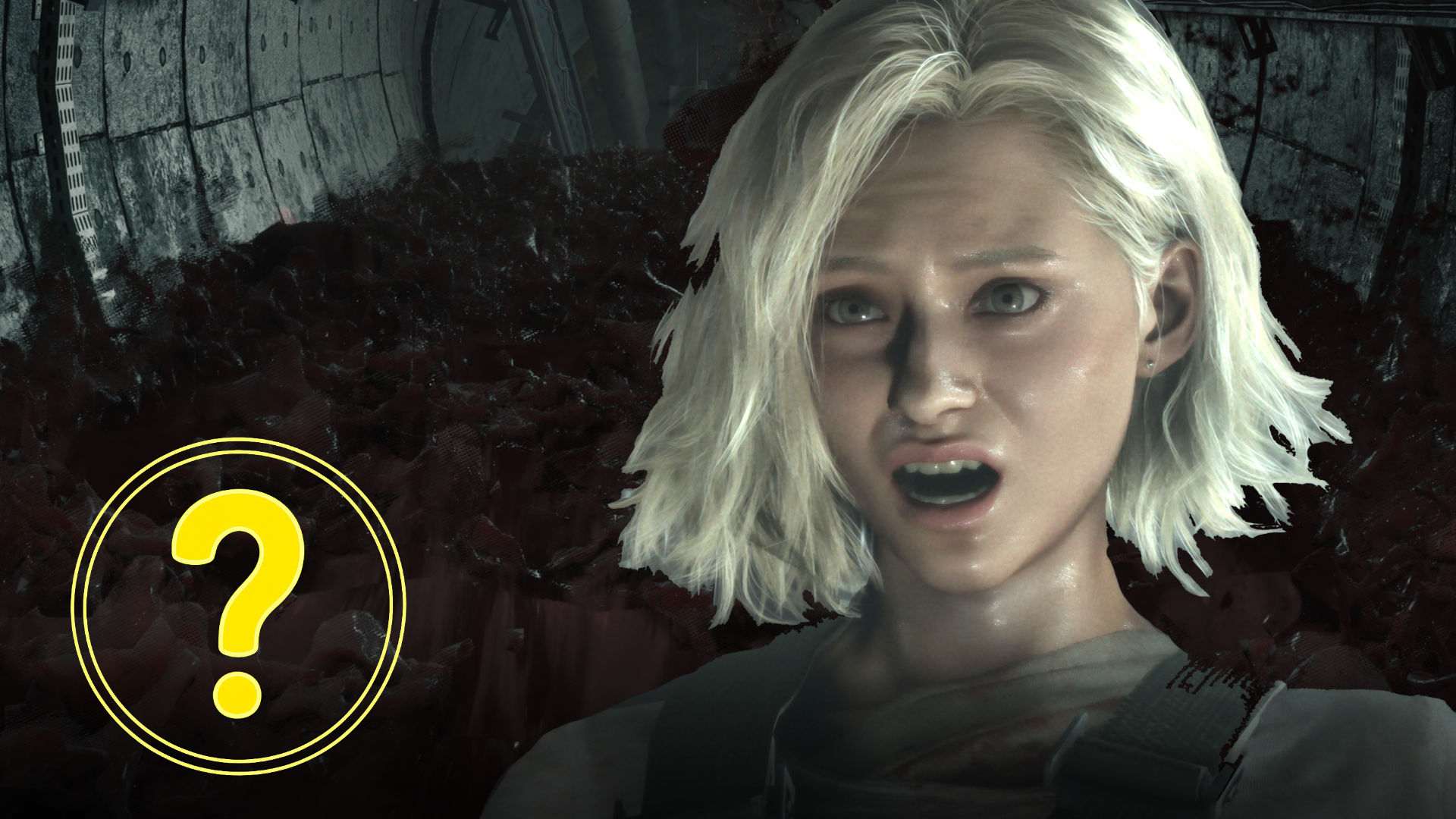 Blonde protagonist in shock against a dark backdrop – chapter overview for Resident Evil Requiem.