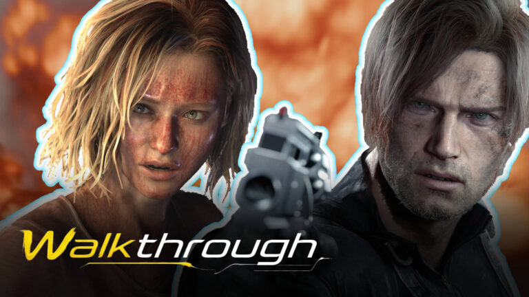 Resident Evil Requiem Walkthrough: Zwei verletzte Überlebende, Mann mit Pistole und Frau mit blutigem Gesicht vor brennendem Hintergrund.