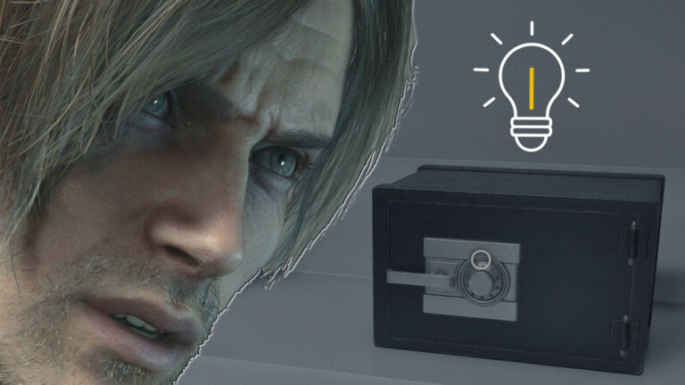 Resident Evil Requiem: Leon vor Tresor mit Zahlenschloss und Glühbirnen-Icon als Hinweis auf Safe-Code-Lösung und Tresor-Kombinationen.