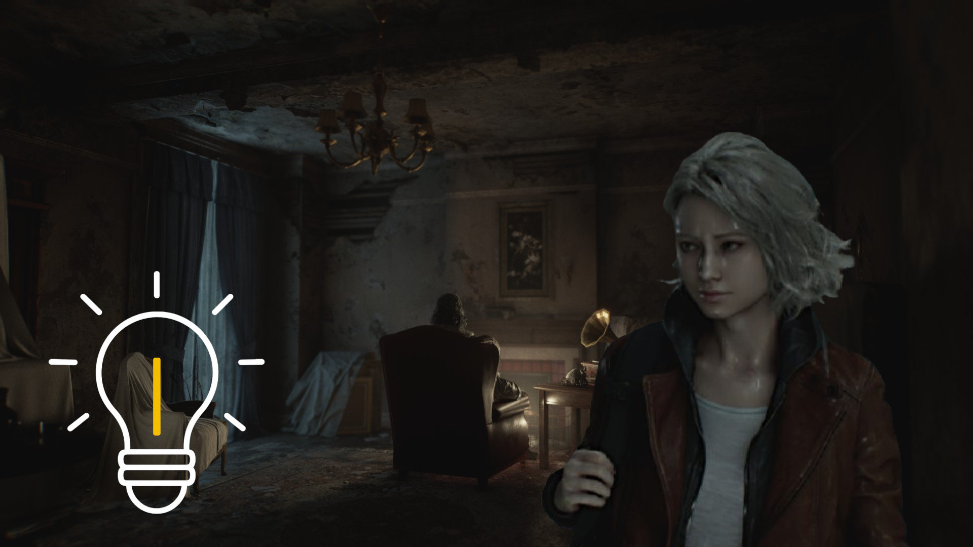 Viktor on a chair, Grace in front of it with a backpack on her back.