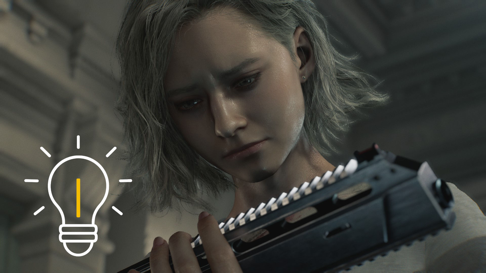 Close-up of Grace looking at a pistol.