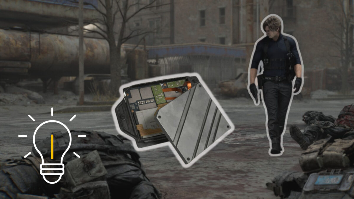 Leon in Raccoon City, der auf einen Signalempfänger schaut.