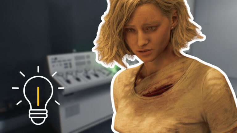 Grace mit weißer Umrandung, dahinter ein verschwommenes Bild einer Anlage.