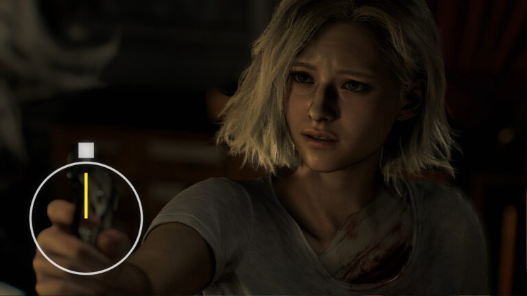 Eine blonde Frau zielt mit einer Waffe auf etwas.