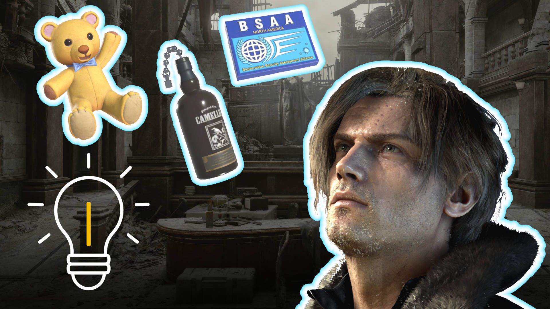 Resident Evil Requiem: Leon ponders his next move while Charms like a teddy bear, BSAA badge, and bottle appear beside him — a guide to their locations and puzzles.