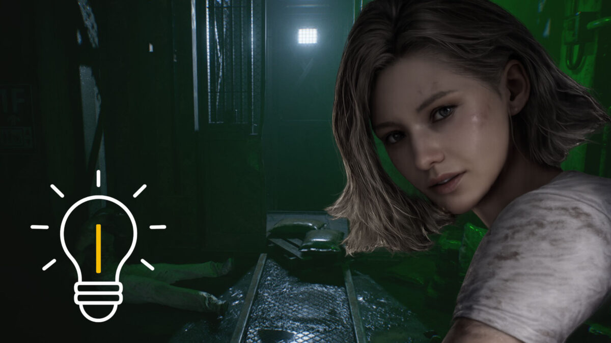 Grace vor einem grün leuchtenden Aufzug in Resident Evil Requiem.