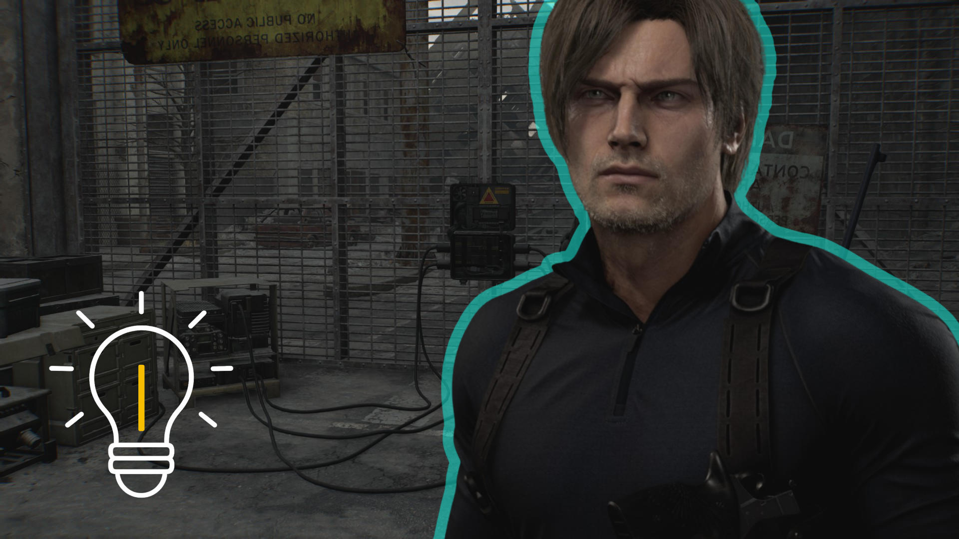 Leon mit türkiser Umrandung, dahinter ein verschlossenes Tor.