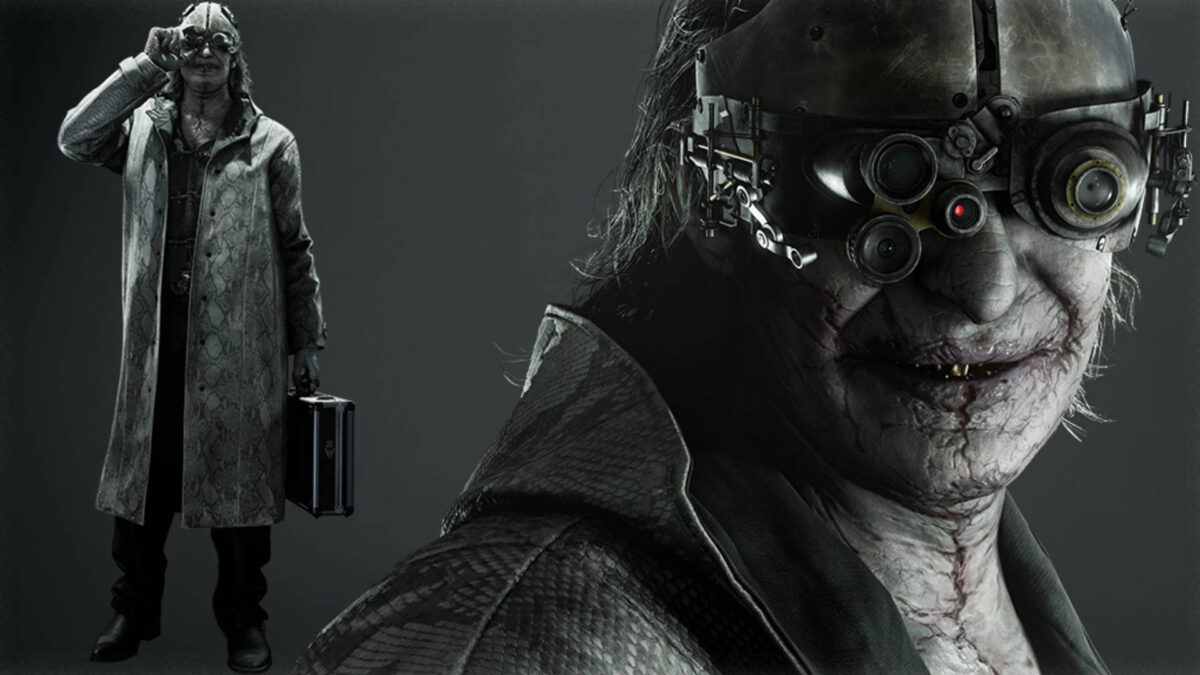 Ein Mann mit blasser Haut und Narben und einer seltsamen Brille.