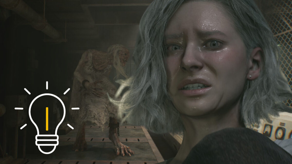 Grace with a panicked expression, behind her a picture of a monster.