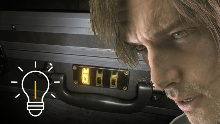 Leon S. Kennedy knackt das Zahlenschloss eines Aktenkoffers in Resident Evil Requiem – Nahaufnahme des Rätsels mit leuchtender Buchstabenkombination.