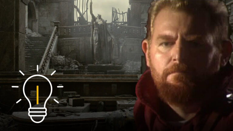 Zerstörte Eingangshalle mit Statue und eingeblendeter Figur – Guide zu Barrys Schnitzeljagd in Resident Evil Requiem.