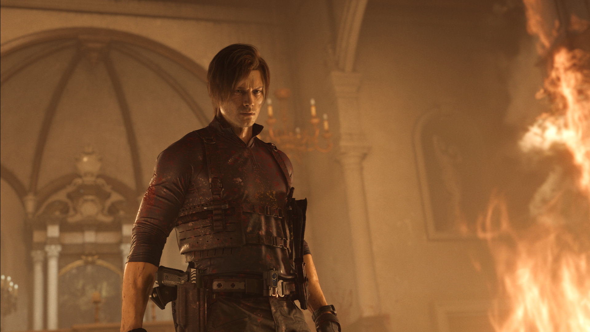 Leon S. Kennedy in Resident Evil Requiem vor brennender Kirche, bewaffnet und blutverschmiert im actionreichen Bosskampf.