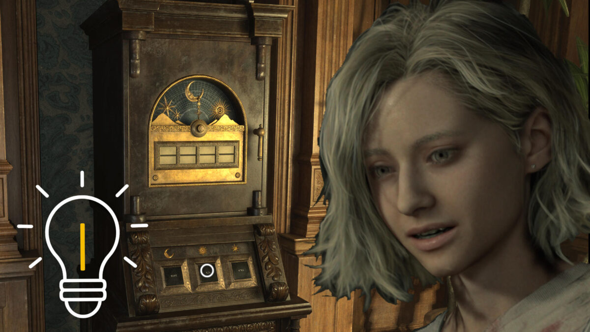 Resident Evil Requiem: Protagonistin vor antikem Rätselmechanismus mit Mond- und Sonnensymbolen im Sanatorium – Hinweis auf Puzzle-Lösung und Zahlenkombination im Guide
