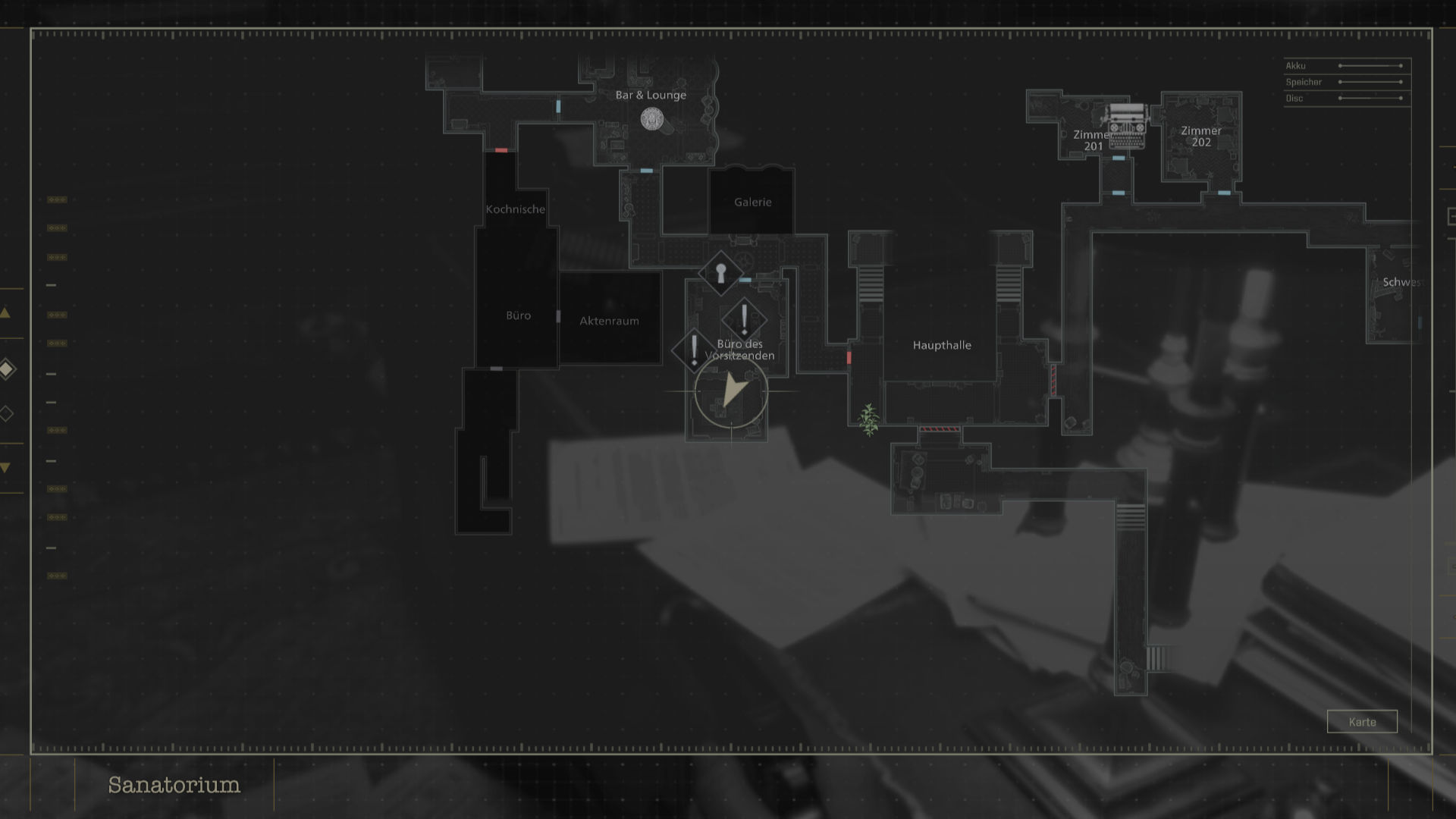 Resident Evil Requiem: Kartenansicht des Sanatoriums mit markiertem Büro des Vorsitzenden.