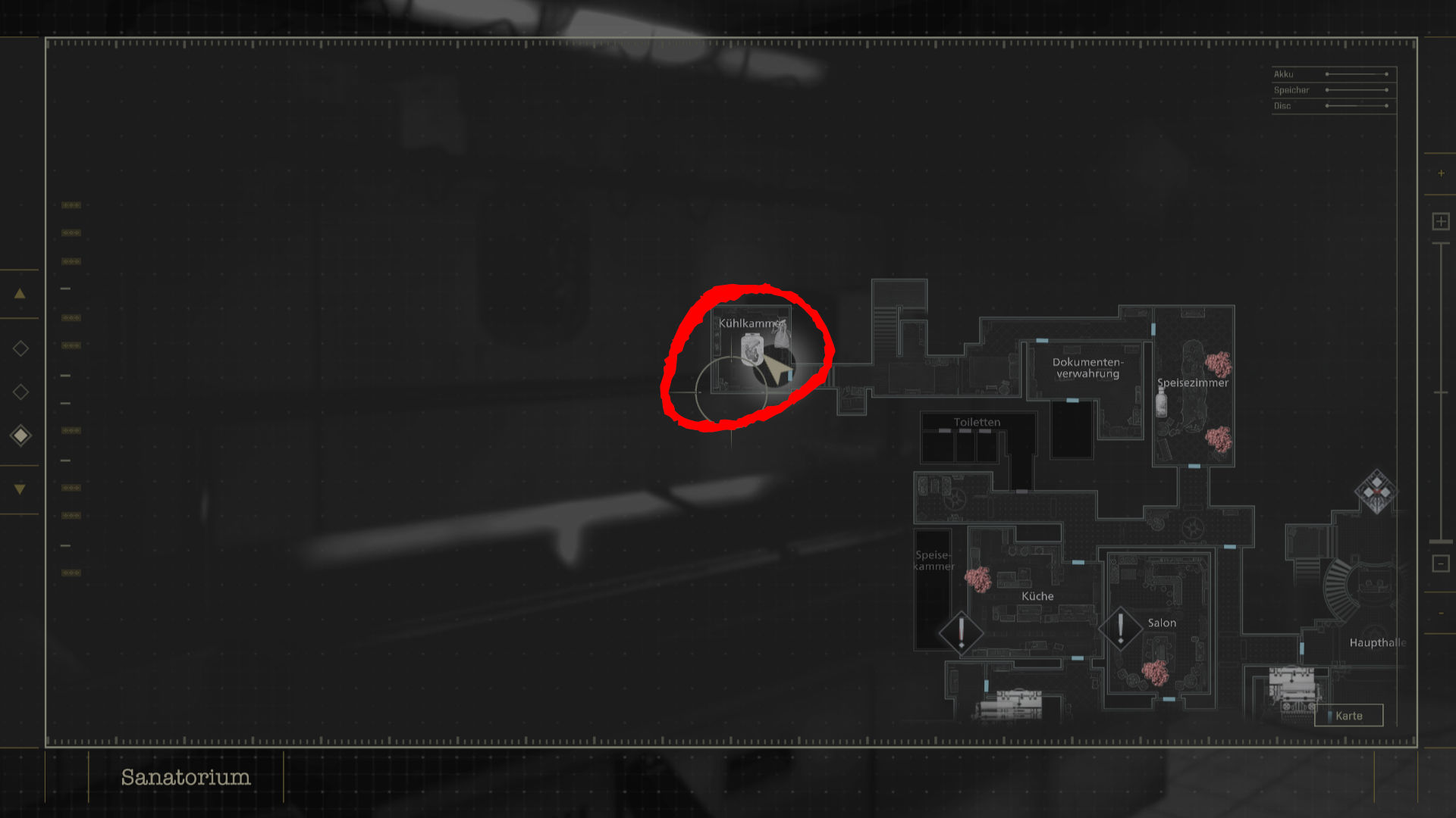 Resident Evil Requiem: Kartenmarkierung der Kühlkammer im Sanatorium mit Fundort des Ätzmittels zur Weiterführung der Hauptmission.