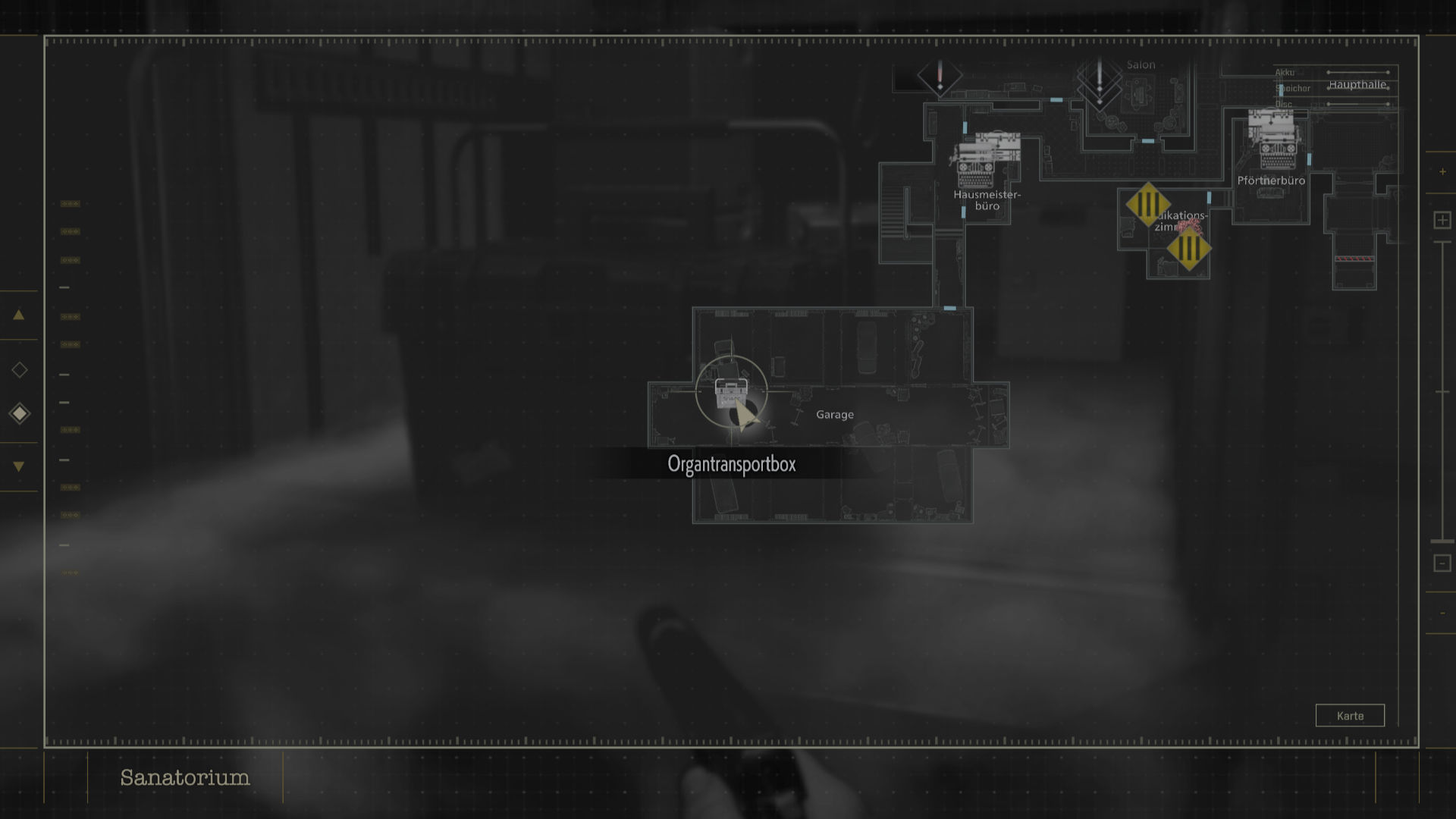 Resident Evil Requiem: Kartenansicht des Sanatoriums mit markierter Organtransportbox in der Garage als Teil der Tresor- und Rätsellösung.