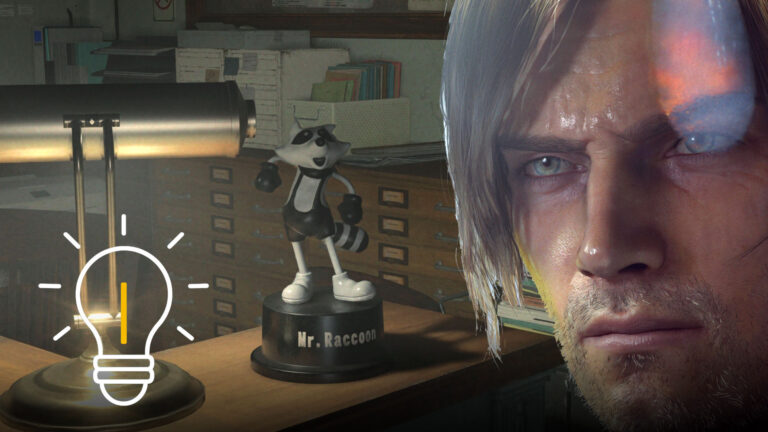 Mr. Raccoon Figur in Resident Evil Requiem – Sammlerobjekt im Sanatorium mit Leon S. Kennedy im Hintergrund