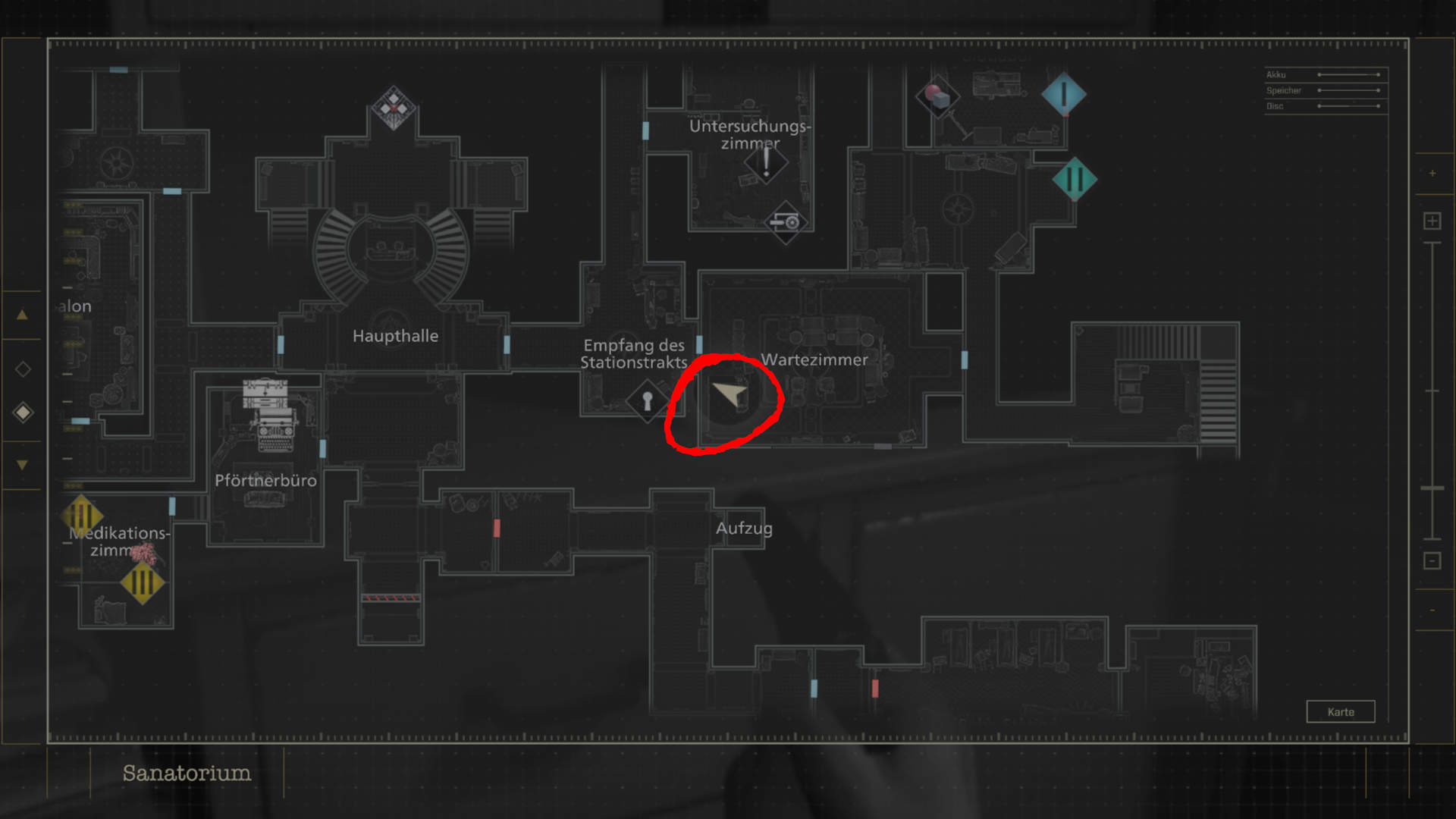 Resident Evil Requiem Karte im Sanatorium: Markierter Tresor im Wartezimmer nahe Empfang des Stationstrakts.