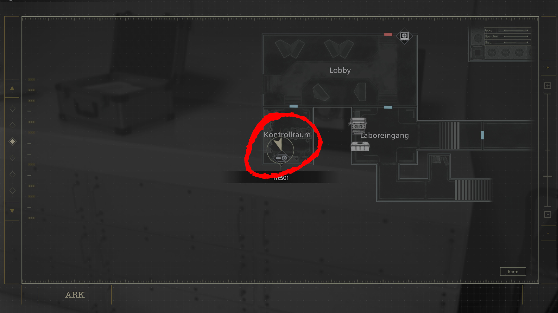 Resident Evil Requiem Karte: Markierter Tresor-Standort im Kontrollraum des ARK-Komplexes.