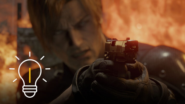 Bewaffneter Protagonist zielt mit Pistole vor Flammenkulisse – Waffen-Guide zu Resident Evil Requiem.