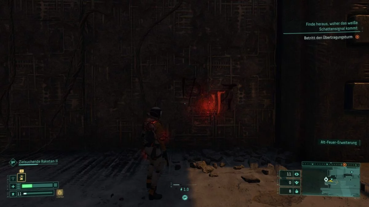 Xenoglyphen-Chiffren an einer Wand im PS5-Spiel Returnal.