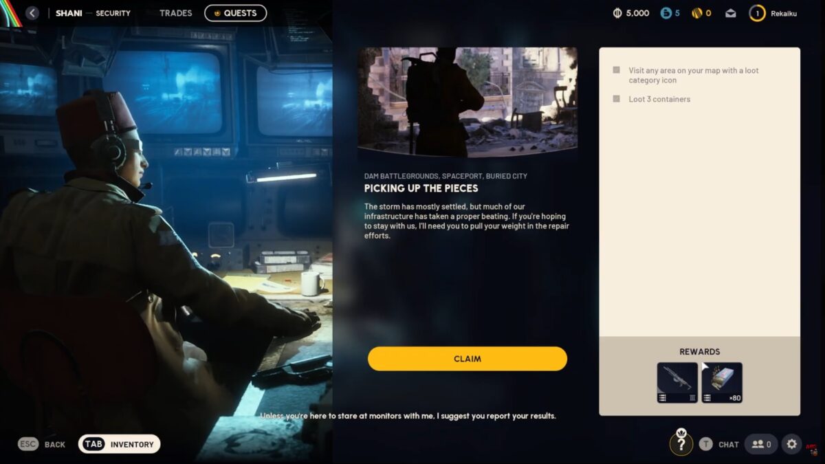 ARC Raiders: Quest-Bildschirm mit Belohnungen wie Waffen und Ressourcen – Übersicht zu Zielen und Missionsfortschritt.