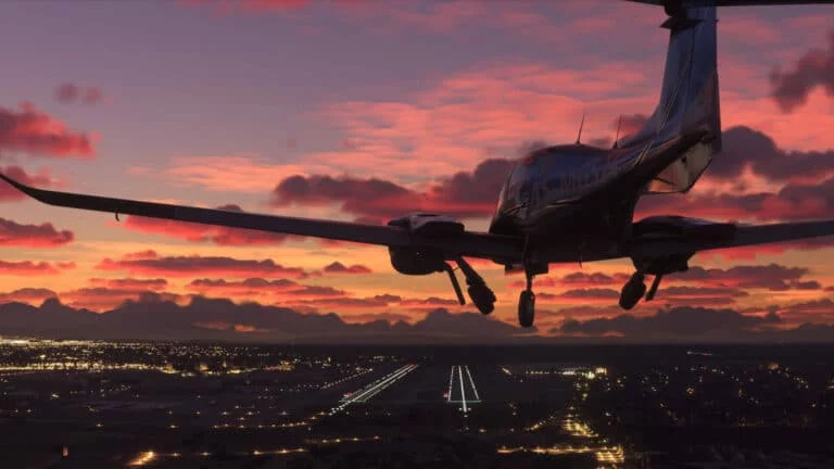 Flugzeug in der Abenddämmerung beim Anflug auf einen Flughafen im Microsoft Flight Simulator 2020