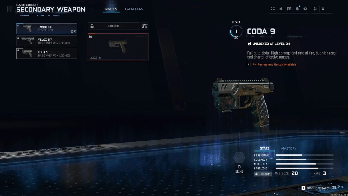 Waffenmenü für Sekundärwaffen in Black Ops 7: Rechts schwebt die futuristische Pistole Coda 9 mit Stats wie Feuerkraft, Mobilität und Magazingröße; links eine Liste anderer Pistolen samt Freischaltstufen, oben Tabs für Pistols und Launchers.