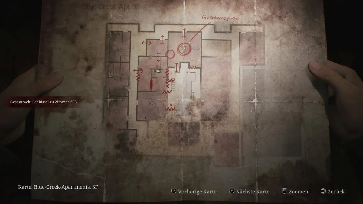 Die Karte markiert den Fundort des Schlüssels für Apartment 306 in Silent Hill 2.