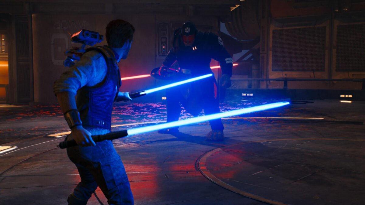 Cal Kestis steht in Star Wars Jedi: Survivor mit zwei blauen Lichtschwertern in den Händen dem Boss "Die Neunte Schwester" gegenüber.