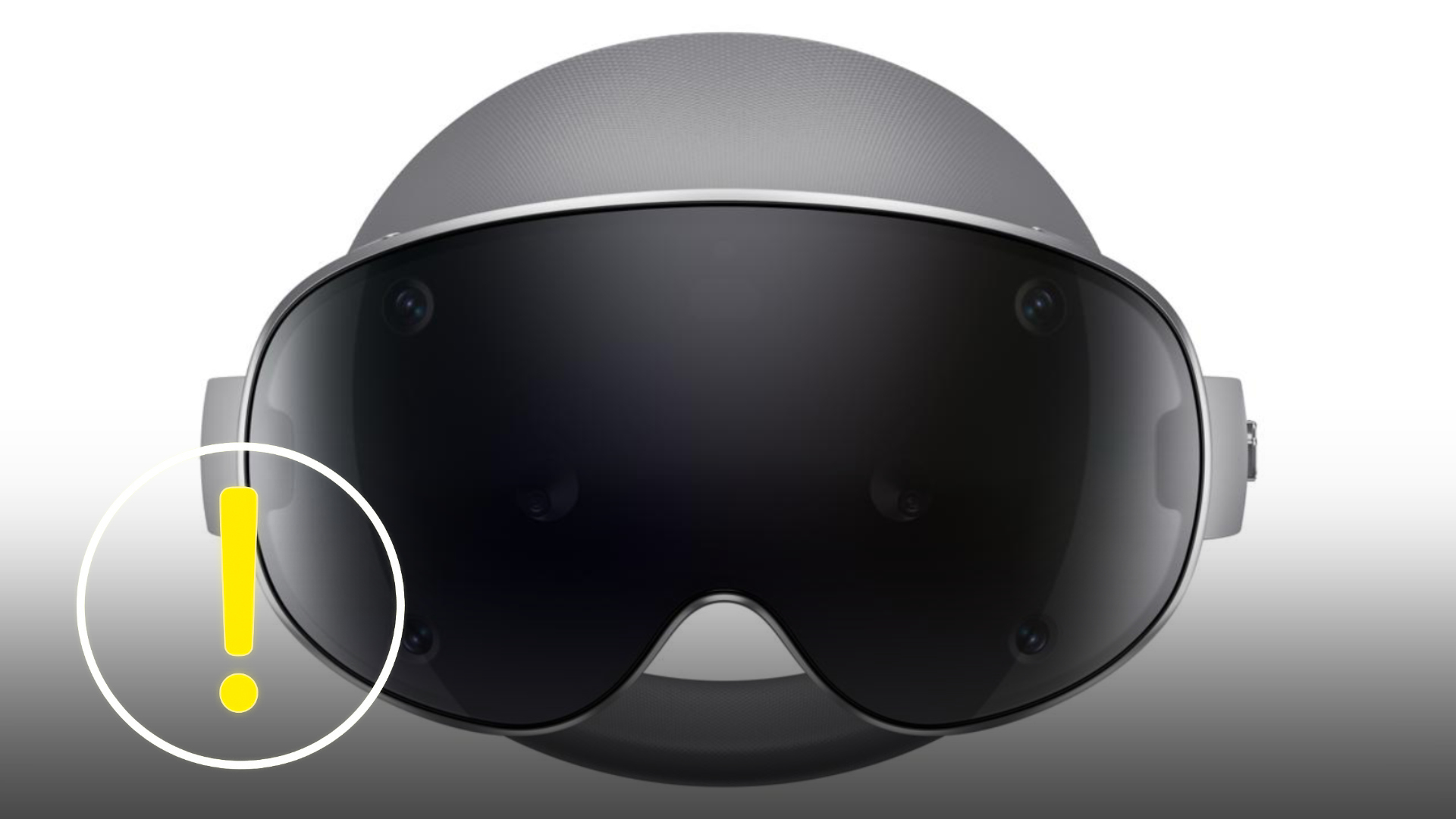 Front view of the Samsung Galaxy XR headset featuring a rounded, black mirrored visor with integrated camera sensors visible beneath the sleek surface.