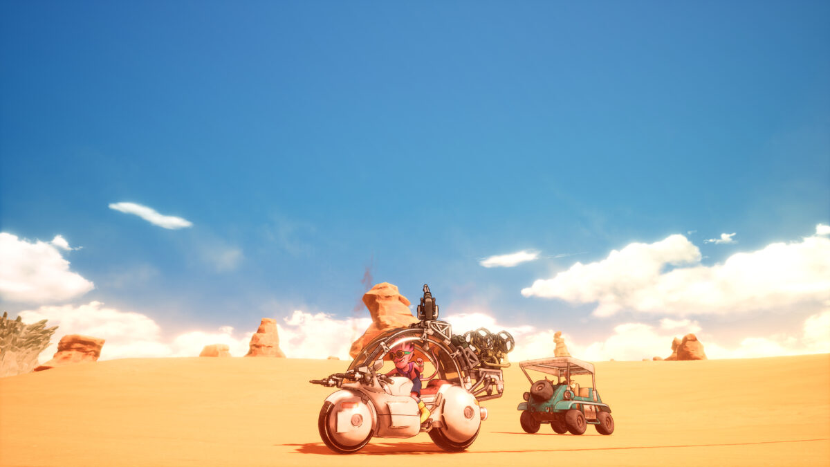 Belzebub auf seinem Motorrad, während er in Sand Land die Wüste erkundet.