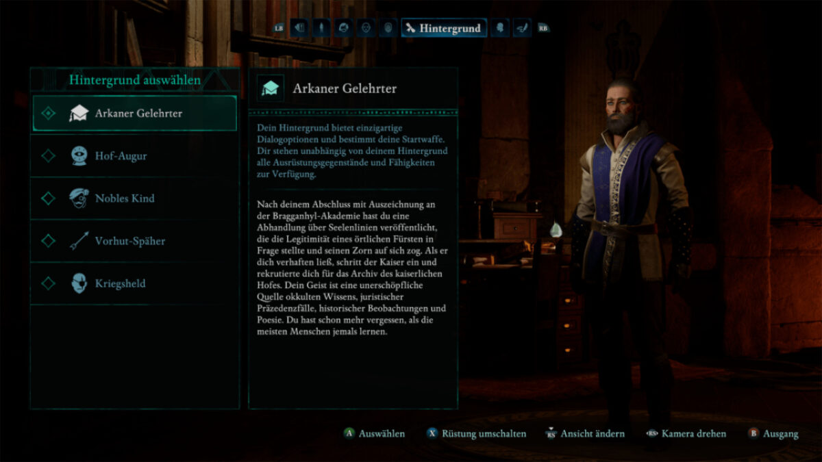 A selection menu in Avowed displays different character backgrounds, such as Arcane Scholar and Court Augur.