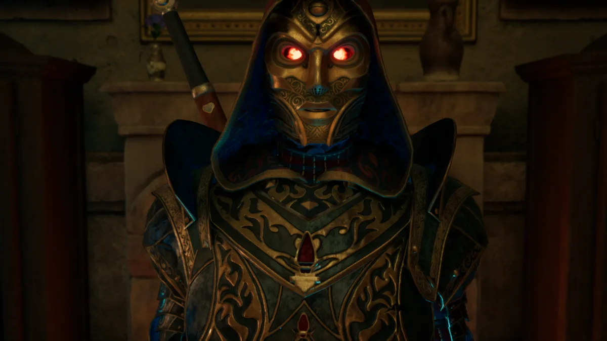 Ein Ritter in grün schimmernder Rüstung und rot leuchtenden Augen im Rollenspiel "Avowed".