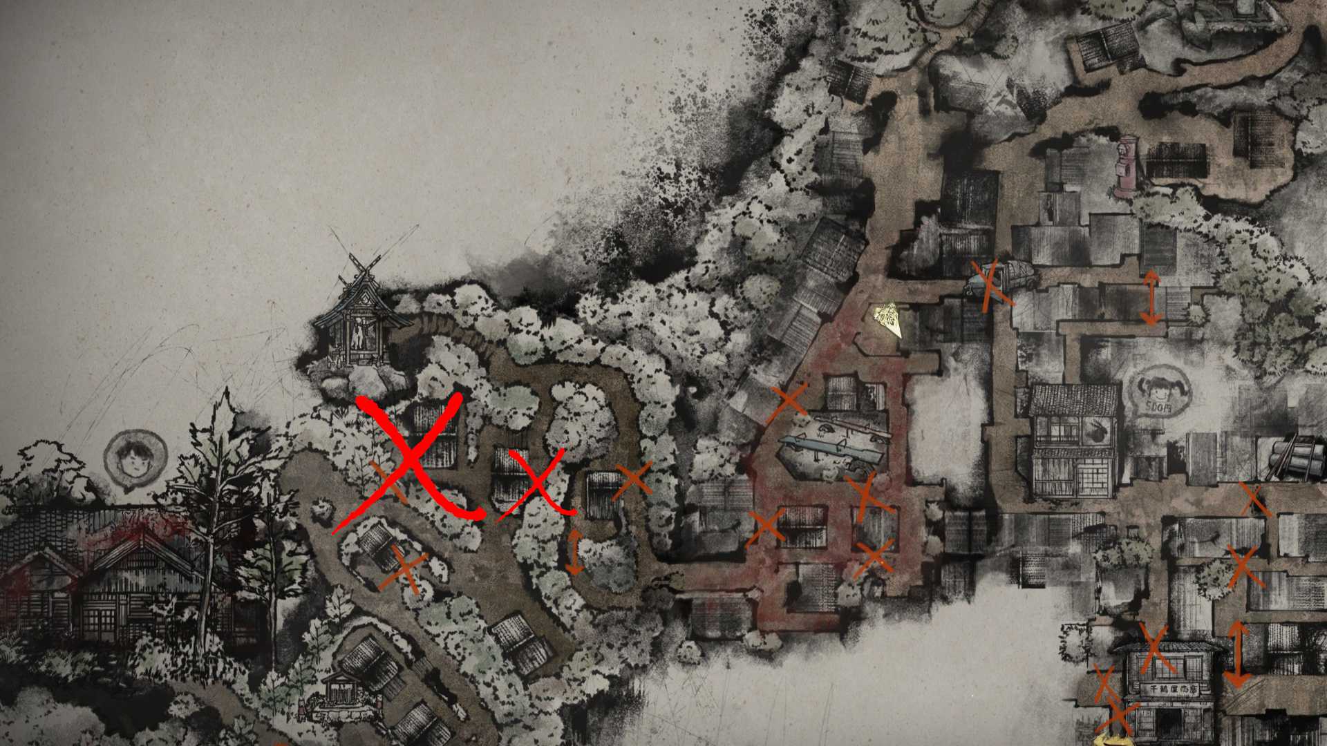 Fundort der fünften Jizo-Statue und Vaters Messer auf der Karte von Silent Hill f rot markiert.