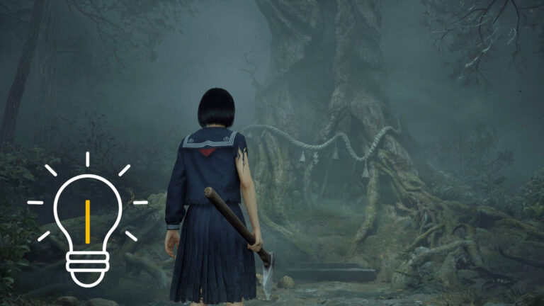 A young woman in a school uniform stands in front of a large tree, holding an ax.