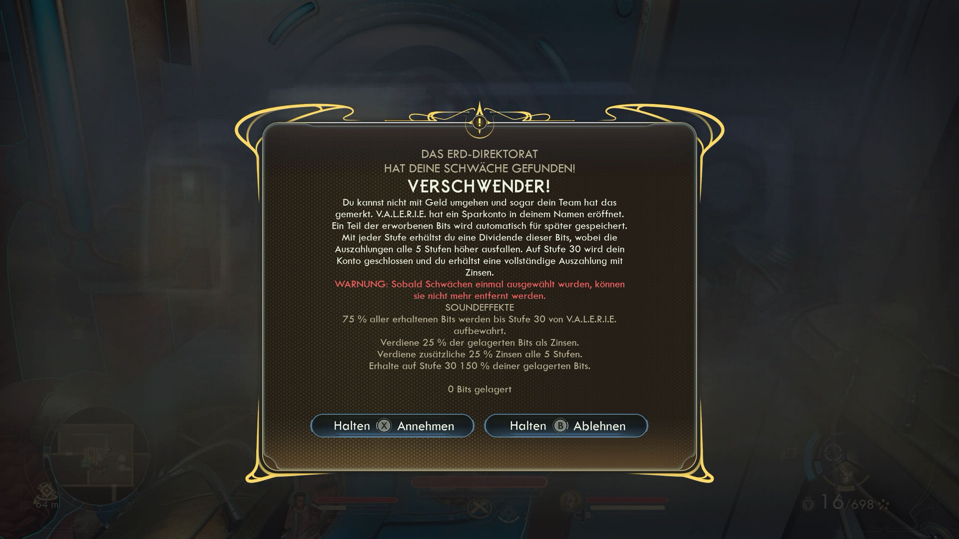 Bildschirm im Rollenspiel The Outer Worlds 2, auf dem eine Meldung des „Erd-Direktorats“ angezeigt wird. Der Text beschreibt die Schwäche „Verschwender“, die dazu führt, dass der Charakter automatisch Bits spart und Zinsen erhält. Unten sind die Auswahloptionen „Annehmen“ und „Ablehnen“ sichtbar.