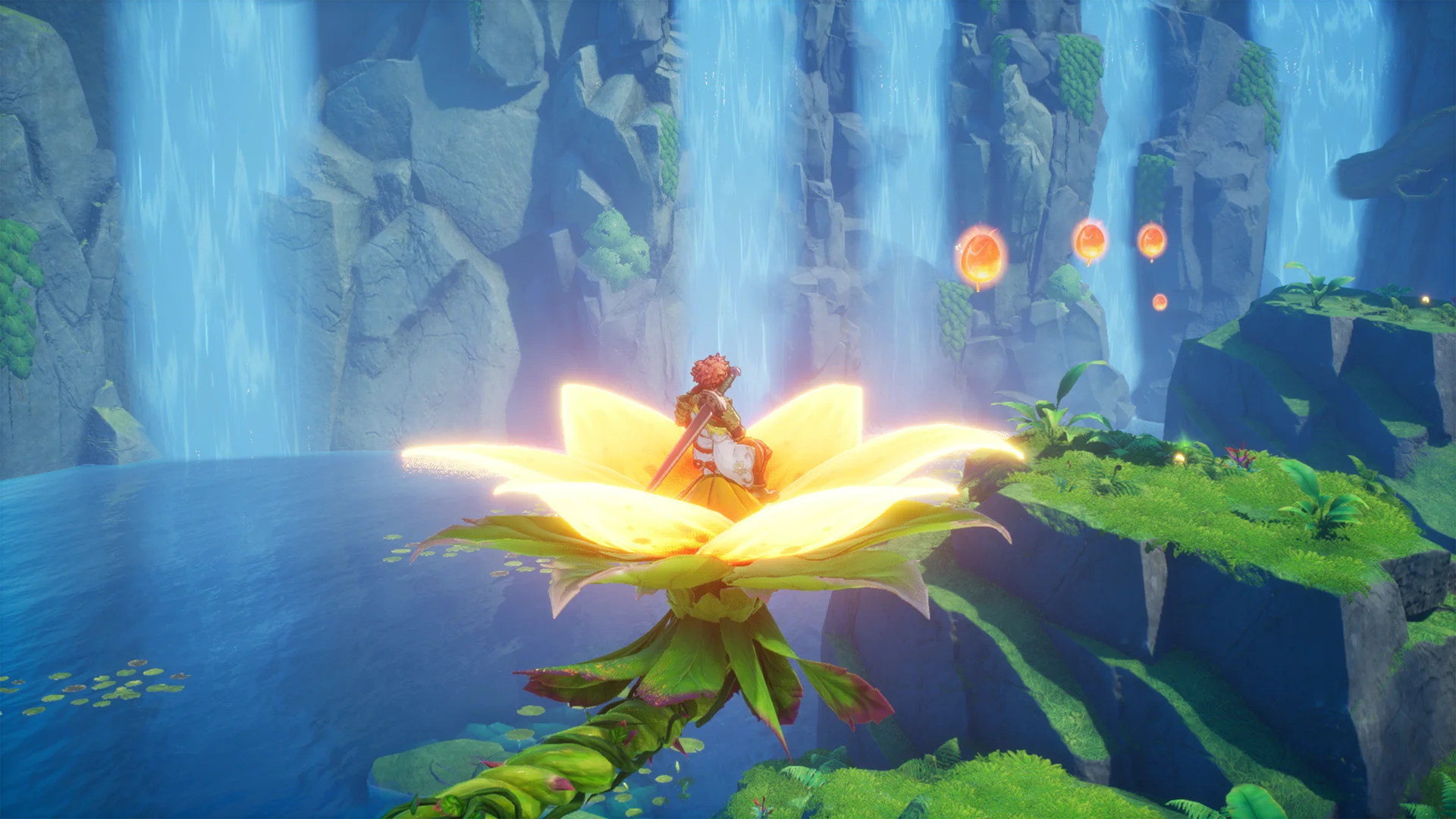 Der Protagonist von Visions of Mana steht auf einer leuchtenden Blüte.